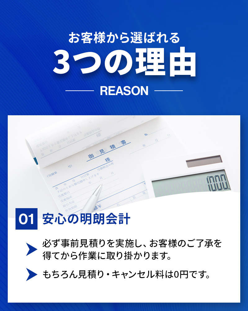 お客様から選ばれる3つの理由 01：安心の明朗会計 必ず事前見積もりを実施し、お客様のご了承を得てから作業に取り掛かります