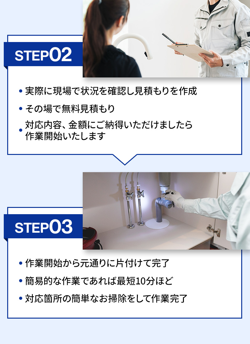 STEP02 実際に現場で状況を確認し見積もりを作成 その場で無料見積もり 対応内容、金額ご納得いただけましたら作業開始いたします STEP03 作業開始から元通りに片付けて完了 簡易的な作業であれば最短10分 対応箇所の簡単なお掃除をして作業完了